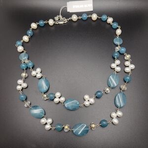 Aquamarine, Baroque Cultured Pearls and AB Crystals Layered Sterling Necklace